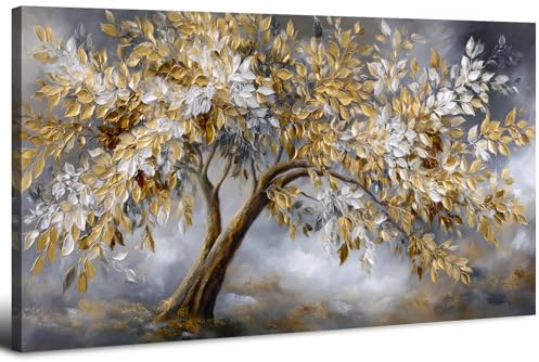 Impression sur Toile Doré Arbre de Vie 20x40in, Grande Décoration Murale Arbre de Vie pour Salon et Chambre, Vintage Tableau Arbre Dorées et Blanches Fond Gris, Tableau Mural Contemporain élégant