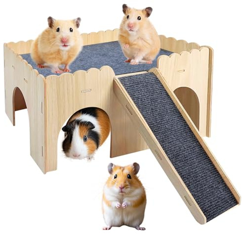 Multipiano cavia nascondiglio, casa di criceto con scale e stuoie, 38*25*18.5cm casa di cavia, castello di porcellini d'India in legno gabbia per criceto cincillà coniglio