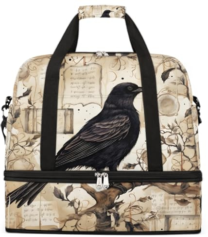 Entemne Große Reisetasche für Damen und Herren, Vintage-Raben-Motiv, faltbar, mit Schuhfach, leicht, Handgepäck, Übernachtung, Wochenendtasche