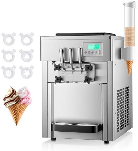 Commercial Ice Cream Machine 5.3-7.4 Gal/H, 3 Flavors Countertop Soft Serve Ice Cream Machine with 8L Hopper, Auto Clean Ice Cream Maker With Pre-Cooling for Snack Restaurants Bars, 1800W