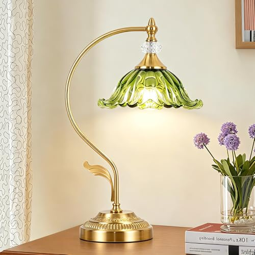 EIDEARAY Vintage Floral Tischlampe, Plug in Mid-Century Moderne Schreibtischlampe mit grünem Glasschirm, Gold Nachttischlampe dimmbar für Schlafzimmer Wohnzimmer Home Office