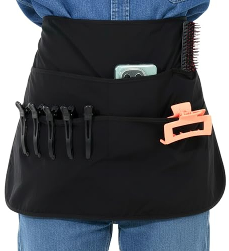 Grevosea Server Apron with 5 Pockets, Barber Apron for Men and Women Waterproof Hair Stylist Aprons with Adjustable Belt Salon Work Aprons for Cosmetology Bartenders and Baristas (Black)