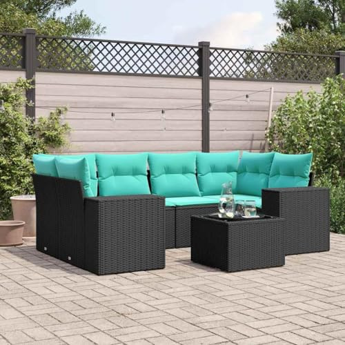 mtlskopl Ensemble de canapé de jardin 7 pièces en rotin synthétique noir résistant aux intempéries avec coussins d'assise bleus, groupe de bancs d'angle 62 x 62 x 69 cm, modulable et peu encombrant