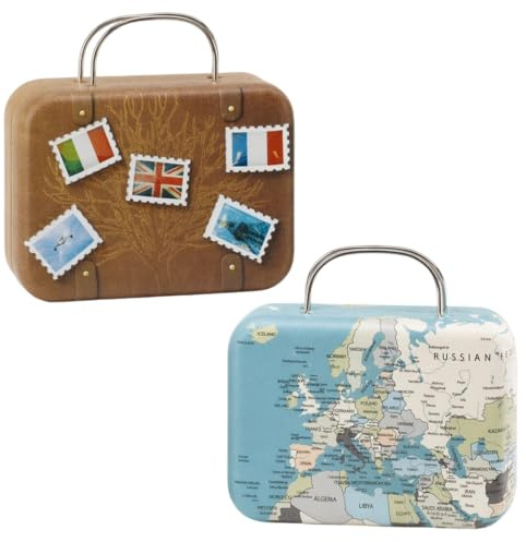 Yuwnd 2 Stück Mini Koffer, Mini Koffer Geschenkbox für Reise Geschenk, Metall Aufbewahrungsboxen als Geldgeschenk & Reisegutschein Verpackung, Farben Hellblau & Dunkelbraun
