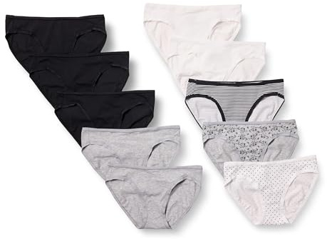 Amazon Essentials Braguita de Bikini de algodón (Disponible en Tallas Grandes) Mujer, Pack de 10, Floral/Lunares/Multicolor/Rayas, 38