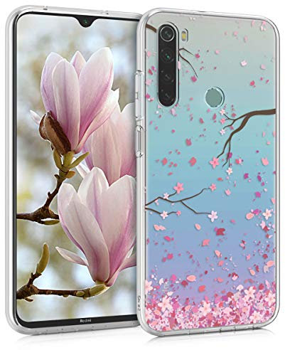 kwmobile Custodia Compatibile con Xiaomi Redmi Note 8 (2019/2021) - Cover Silicone TPU - Protezione Back Case - Pioggia di petali rosa/marrone scuro/trasparente