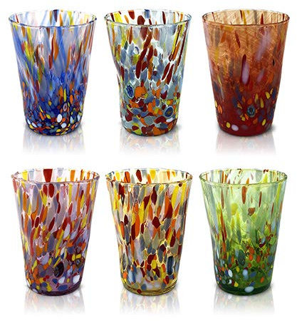 MAZZEGA ART & DESIGN - 6 Getränkegläser aus handgefertigtem und handgearbeitetem Murano-Glas mit raffinierten und originellen Murano-Murrinen - Die Farben von Murano - Modell 450 ml. Made in Italy.