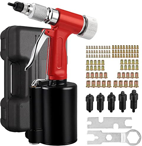 Proster Remachadora de Tuercas Neumática con 100 Tuercas M4M5M6M8M10 Pistola Remachadora Neumática con Herramienta de Remachado con 5 Mandriles y 2 Llaves para Trabajos Pesados en Casa Garaje Taller