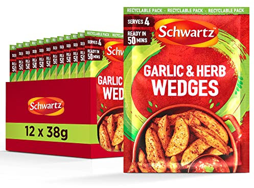 Schwartz Garlic and Herb Wedges Mix 38 G | Serves 4 | Pack of 12 | Bursting with Herbs and Spices | Crunchy and Delicious Potato Wedges | With Garlic, Parsley and Oregano | Suitable for Vegetarians