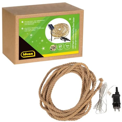 Idena 30520 - Cuerda de luces LED con 100 LED en blanco cálido, para exterior e interior, aprox. 9 m de largo, con adaptador solar o de red, temporizador de 8 horas, decoración para casa y jardín