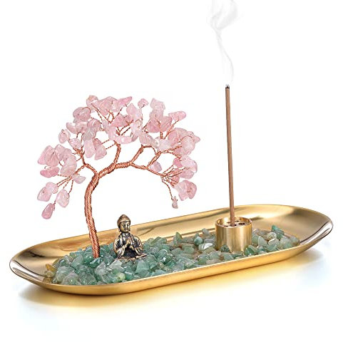 JOVIVI Portaincenso Bastoncino Soprammobile con Albero della Vita in Chakra Pietre, Bruciatore Incenso Ceneri con Statua Buddha Piccola, Ornamento Decorativo Interni Casa Reiki Guarigione-Quarzo Rosa