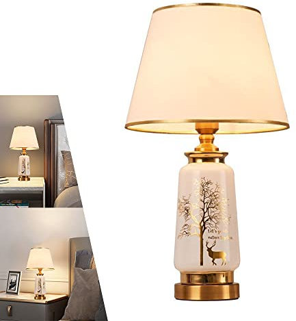 Tischlampe Keramik Vintage Europäischer Keramik Wohnzimmer Tischleuchte Metall E27 Einfache Nachttischlampe mit Lampenschirm Stoff Nordisch Runde Form Arbeitszimmer Esszimmer Büro Schlafzimmer
