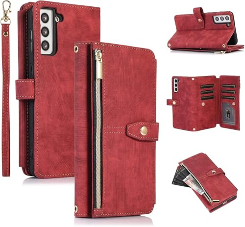 UEEBAI Hülle für Samsung Galaxy S21 FE 5G, Leder Klapphülle, Retro Rotwein | 9 Kartenfäche Lederhülle mit Umhängegurt Handschlaufe Ständer Reißverschluss Handyhülle Magnetverschluss Wallet Flip Case