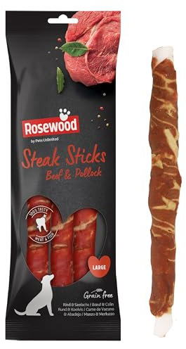Rosewood Steak Sticks Rind & Seelachs Large – Kausnack aus Rinderhaut für Hunde, unterstützt die Zahnpflege, ohne Getreide und Gluten, ohne künstliche Zusatzstoffe, 240 g