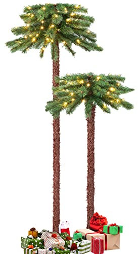 COSTWAY Lot de 2 Palmier de Noël Artificiel de 107 et 152 cm Pré-illuminé avec 100 LED Lumières Blanche Chaude 84 Aiguilles Arbre de Noël Pliable en PVC Décoration pour Bureau Maison