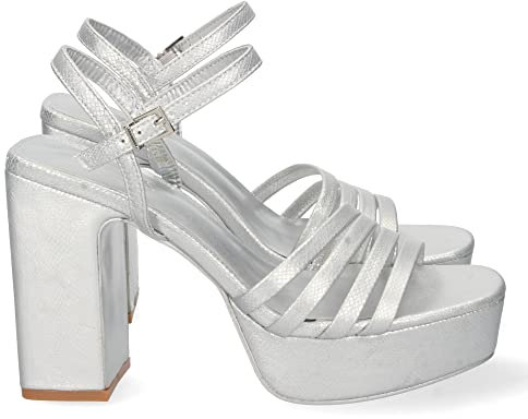 shoes&blues.es 66648-Sandalia de Tacon para Mujer, Comodas, Pala de Tiras Finas, Plataforma, y Cierre de Hebilla, Primavera Verano 2022. Talla 36 Plata