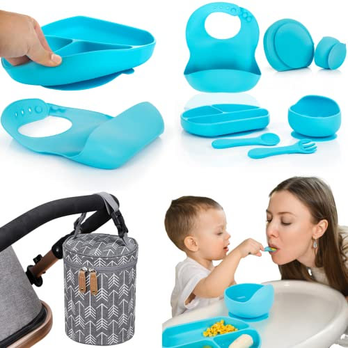 ECARTYA Set Vajilla Bebe Premium de 6 Piezas con Plato Ventosa y Compartimentos + Cuenco + Cuchara + Tenedor + Babero y Bolsa Bebé Portátil Isotérmica. Antideslizante e Impermeable Azul