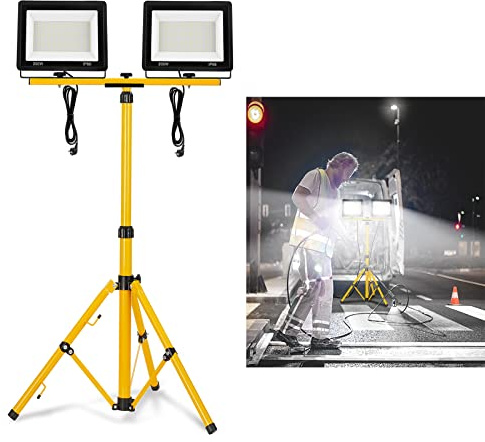 YRHome 2 * 200W LED Baustrahler Kaltweiß mit Stativ Baustellen Strahler LED Fluter Floodlight Arbeitsscheinwerfer inkl. Netzkabel Wasserdicht IP66 für Baustelle Garten Garage