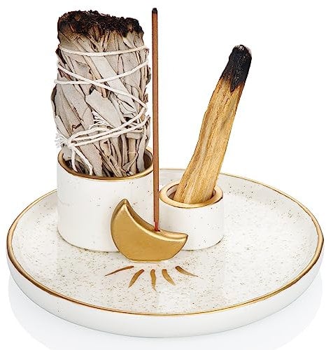 ZenBless 4 in 1 Incense Burner, Palo Santo & Sage Holder, Incense Stick & Candle Holder, 5.9 inch Ceramic Ash Catcher Tray for Meditation & Yoga Room (Gold)