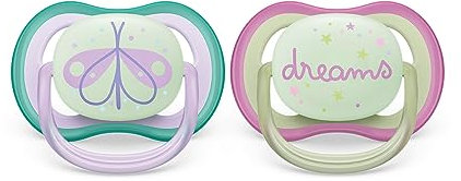 Philips Avent Schnuller Ultra Air - 2x Leichte, luftdurchlässige, im Dunkeln leuchtende Schnuller für 0-6 Monate ohne Bisphenol A, inkl. Sterilisatoretui (Modell SCF376/19)