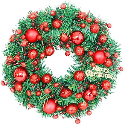 Weihnachtskranz, Weihnachtskränze für Haustür, 50 cm, künstlicher Weihnachtskranz, Weihnachtskugel, Ornamente, Dekorationen, Tür, Fenster, Wand, Heimthema, Party, Dekoration, rote Kugel