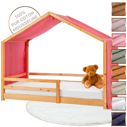 Lovely Hippo Hausbett Himmel - 100% Baumwolle Betthimmel Hausbett aus Musselin - Bett Vorhang Kinderbett - Himmelbett Vorhänge für 80x160 & 90x200 (Puderrosa/Gold, 97 x 402 cm)