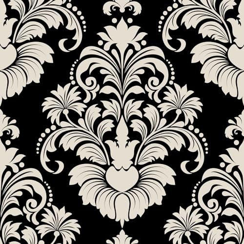 ReWallpaper 44,5CM × 7M Tapete Selbstklebend Schwarz Muster Klebefolie für Schrank Muster Dekofolie Möbelfolie Vintage Barock Tapete Beige Fototapete Wohnzimmer Beige PVC Matt