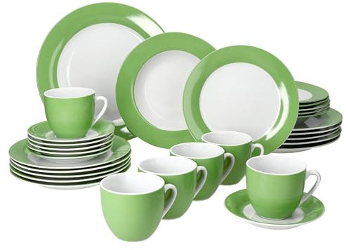 MamboCat Variant Grün 30tlg Kombiservice I Porzellan-Geschirrset mit grünem Rand für 6 Personen I Je 6x Kaffeetassen 200ml, Untertassen, Kuchenteller, Suppenteller & Speiseteller