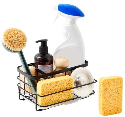 Zrncrky Kitchen Sink Organizer - Stainless Steel Sponge Holder with Removable Drain Tray and Non-Slip Base, Black - Large