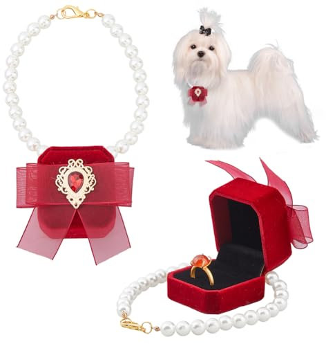 SUPERFINDINGS Perlenhochzeit Hundehalsband mit Ringbox Katzenhalsband Rot Samt Ringbox Hochzeitsringhalter mit Haustierhalsband Strass Paar Ringträger Box für Antrag Verlobung Hochzeit 33 cm