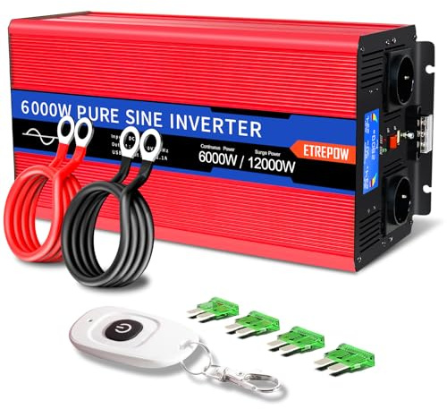 ETREPOW 6000W Reiner Sinus Wechselrichter 24V auf 230V Spannungswandler | 2 EU-Steckdosen & USB-Anschluss,Kabellose Fernbedienung & LCD-Display,Ideal für Wohnmobil, Camping, Auto & Boot