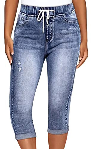 Generic 3/4 Jeans Damen Sommer - Kurze Hose Jeans Damen High Waist Skinny Jeanshose Slim Fit Dreiviertel Denim Hose mit Löchern Capri Jeans Zerrissene Sommerjeans Caprihose Leggings Jeans für Frauen
