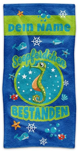 PR Print Royal Kinder-Handtuch mit Name personalisiert - Seepferdchen bestanden - Blau, Geschenk für Jungen, Schwimmunterricht, Handtuch Personalisieren | 50 x 100 cm