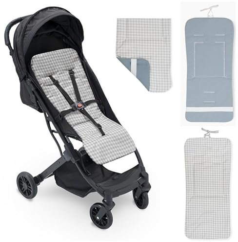 Danielstore Colchoneta Silla Paseo Universal | 80x39cm, 100% algodón | Reversible, transpirable, adaptable, fácil de colocar | Comodidad y protección para bebé (Vichy petroleo)