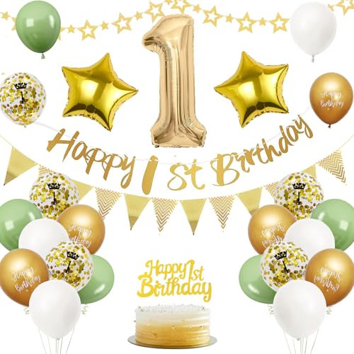 1. Geburtstag Deko Salbeigrüne, Luftballon Deko 1. Geburtstag Frau Mann, Geburtstagsdeko 1 Jahr, Gold Folienballon 1, Grün Weiß Gold Luftballons 1 Jahr mit Banner Tortendeko für Party Dekoration