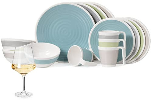 Melamin Camping Geschirr Set 4 Personen Harmonie 16 Teilig + 4 Milano Weiß Weingläser Tafelgeschirr Picknick BBQ Kochgeschirr