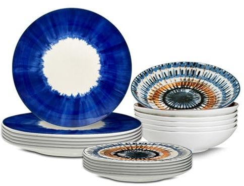 ARCA, Set 18 Piatti Coordinati Apulia Raggio in Porcellana, Servizio per 6 Persone, con Piatti Fondi, Piani e da Dessert, Blu