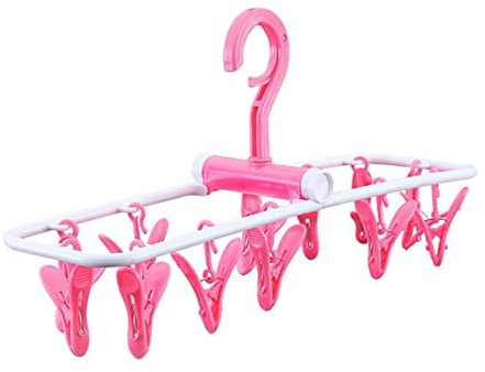 OKUMEYR Percha para Ropa Plegable con 12 Clips Antióxido, Resistente, Color Rosa Pastel, para Lencería y Medias, Tendedero Colgante Multifuncional para Secado Al Aire