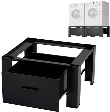 Fiqops Lot de 4 supports de machine à laver avec tiroir jusqu'à 150 kg, rehausseur de machine à laver avec tiroir, socle max. en acier 62,5 x 54,5 x 32,5 cm, noir