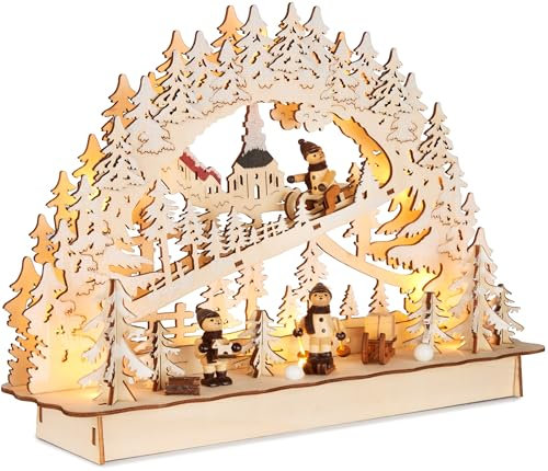 BRUBAKER 3D Lichterbogen - LED Schwibbogen - Schlittenfahrt im Wald - Weihnachtsbeleuchtung aus Holz Natur - 22 x 32 x 9 cm - Handbemalte Figuren - Weihnachtsdeko für Tisch & Fenster