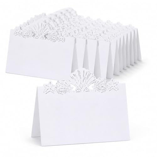 Codulu Tischkarte, ausgehöhlte Namenskarte, Zeltkarte, Muschel, Seestern-Muster, gefaltete Sitzkarte für Blumenstrauß, Hochzeit, Party, Dekoration, Weiß, 10 Stück