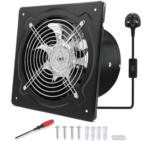 FanGoFast 8 Inch/200mm Kitchen Exhaust Fan 980m³/h Metal Extractor Fan with UK Plug Low Noise Stainless Steel Ventilation Fan for Warehouse Home Restaurant Garage (Black, 200mm)