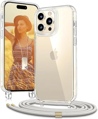 OLEPHY Handykette für iPhone 15 Pro Hülle mit Band, [Verstellbarem und Demontage Umhängeband], Transparente Handyhülle mit Kordel zum Umhängen für Wanderungen & Outdoor | Freiheit für Hände, Beige
