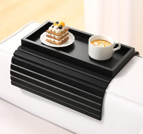 Kssiaz Bandeja de Brazo para Sofá, Mesa de Brazo de Sofá de Bambú Plegable, Bandeja para Reposabrazos de Sofá Antideslizante con Portavasos, Mesa Lateral para Aperitivos Teléfonos Bebidas, Negro