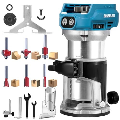 Cordless Router Compatible with Makita 18V Battery (Battery Not Included), 6 Speed, 800W, 30,000 RPM, Includes Cutting Router Bits, Edge/Roller Guide, Dust Hood, Ideal