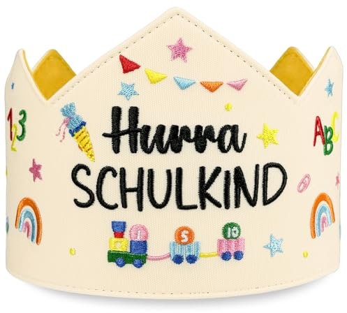 BOYATONG Schulkind 2025 Einschulung Krone, Hochwertig Bestickt Anpassbare Schnürung Zweifarbig, Deko Einschulung Mädchen Junge - Hurra SCHULKIND