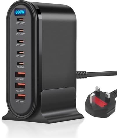 USB C Fast Charger Block, Upgraded 600W 8-Port GaN Charging Station Hub Brick Multiple, PD 140W Laptop Charger Plug Power Adapter, for MacBook Pro/Air, Steam Deck, Dell XPS, iPhone 17/Pro/16/15,Galaxy