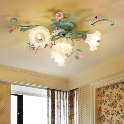 HBOMLRKWU Lampada Da Soffitto Rustica A 4 Luci Con Paralume In Vetro Satinato Bianco, Lampada Da Soffitto In Ferro Battuto Da 31 Di Larghezza, Con Fiore Di Rosa Rosa For Ingresso, Camera Da Letto, Ve