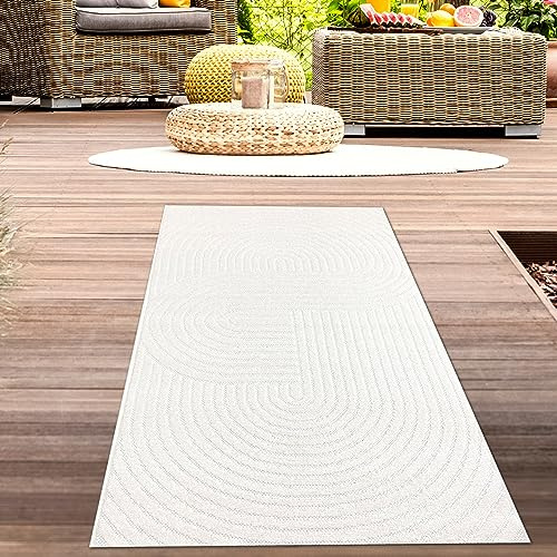 CARPETIA In- & Outdoor Teppich Kreismuster Creme Wetterfest 80x250 cm | Pflegeleicht, wetterfest, schmutzabweisend und strapazierfähig, OEKO-TEX geprüft, für Fußbodenheizung, mit 3D-Struktur
