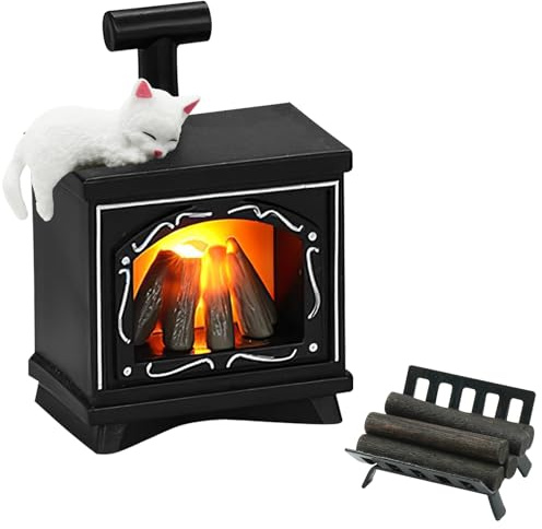 Wichtel Zubehör Weihnachten, Mini Kamin Set für Puppenhaus & Zwergenhaus | realistisches Kaminzubehör mit Brennholz & Katze, Miniatur Weihnachten Lagerfeuer, Puppenhaus Zubehör für Sammler